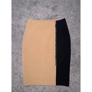 Ann Taylor Color Block Pencil Skirt Tan & Black With Long Gold Zipper Size 0 NWT